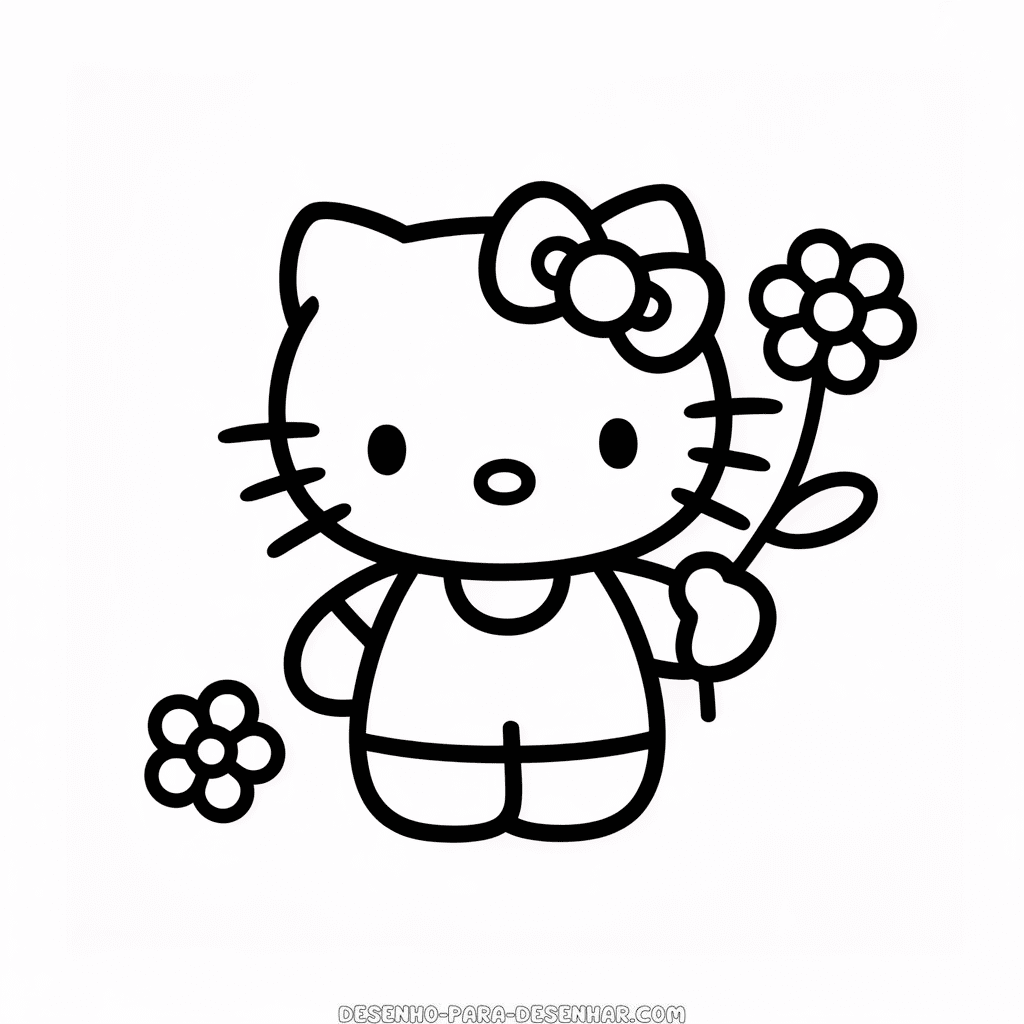 Desenho Fácil da Hello Kitty Segurando uma Flor
